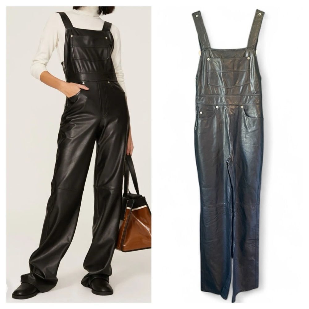 A.L.C. Faux Leather Buckle Jumpsuit Overall Style Black Edgy Chic Sz 0